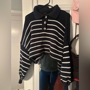 Zara Oversized Baggy White Navy Stripe Collar Cropped Sweater Women Large New